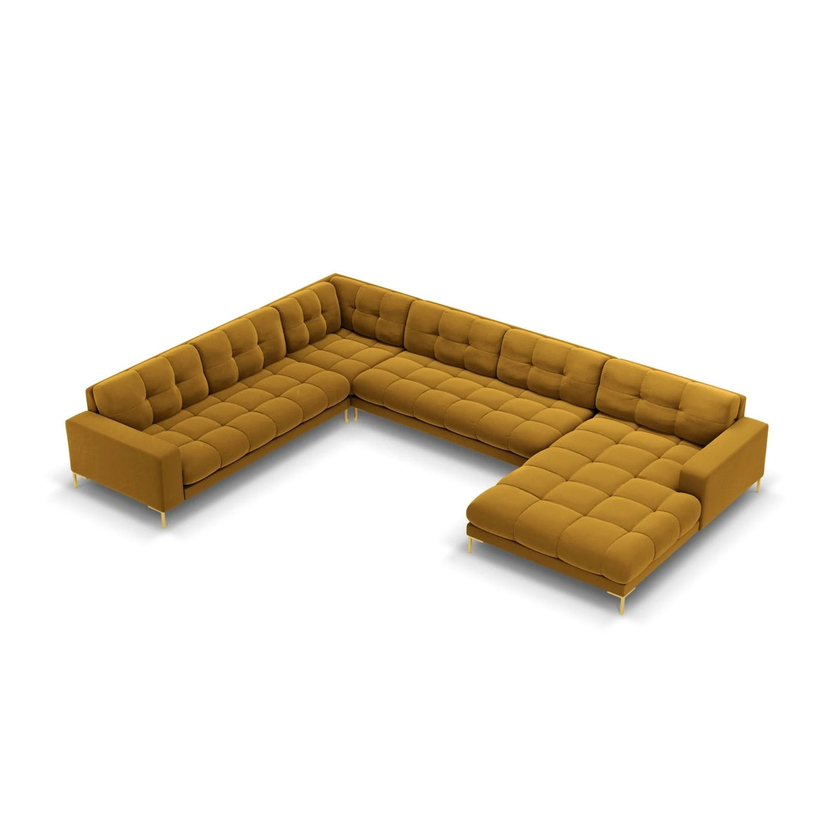 Mamaia 7-Sitzer Panorama-Ecksofa, Linke Seite, Beine Goldmetall, mit Bezug aus Samt (Blu68) in Gelb, 327x256 cm – Bild 1