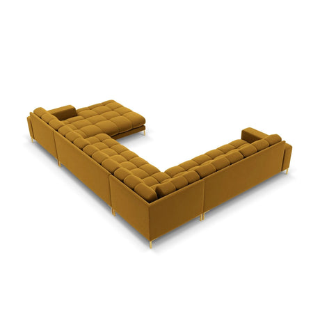 Mamaia 7-Sitzer Panorama-Ecksofa, Linke Seite, Beine Goldmetall, mit Bezug aus Samt (Blu68) in Gelb, 327x256 cm – Bild 5