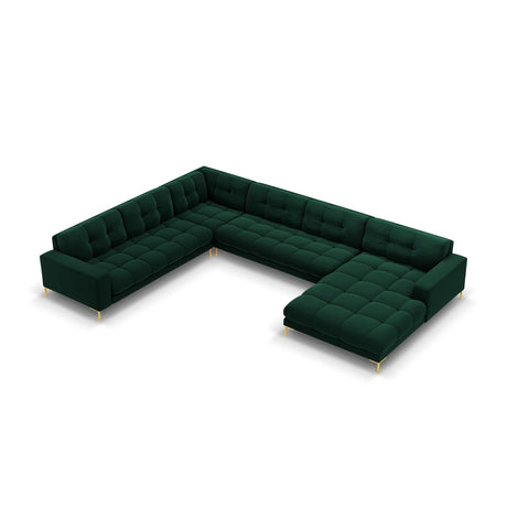 Mamaia 7-Sitzer Panorama-Ecksofa, Linke Seite, Beine Goldmetall, mit Bezug aus Samt (Blu78) in Flaschengrün, 327x256 cm – Bild 1