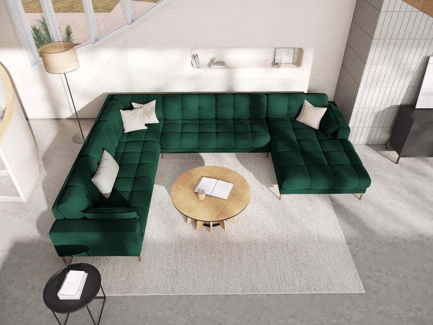 Mamaia 7-Sitzer Panorama-Ecksofa, Linke Seite, Beine Goldmetall, mit Bezug aus Samt (Blu78) in Flaschengrün, 327x256 cm – Bild 2
