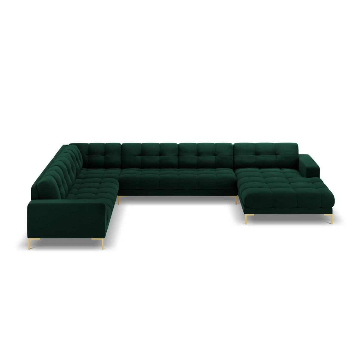 Mamaia 7-Sitzer Panorama-Ecksofa, Linke Seite, Beine Goldmetall, mit Bezug aus Samt (Blu78) in Flaschengrün, 327x256 cm – Bild 4