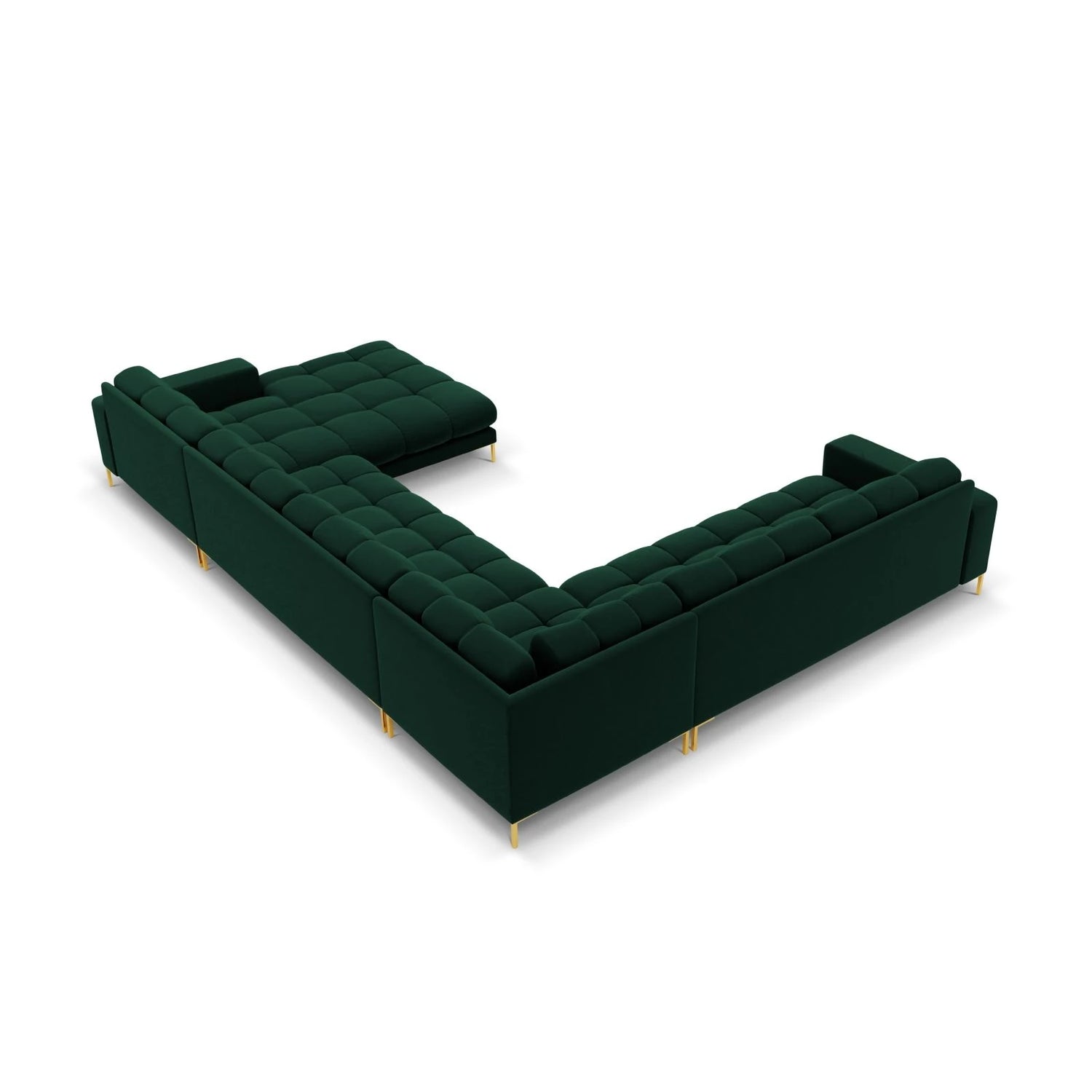 Mamaia 7-Sitzer Panorama-Ecksofa, Linke Seite, Beine Goldmetall, mit Bezug aus Samt (Blu78) in Flaschengrün, 327x256 cm – Bild 5