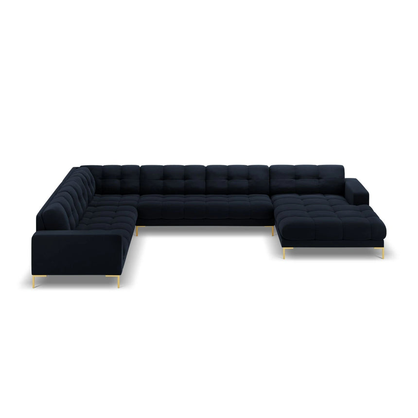 Mamaia 7-Sitzer Panorama-Ecksofa, Linke Seite, Beine Goldmetall, mit Bezug aus Samt (Blu89) in Dunkelblau, 327x256 cm – Bild 4