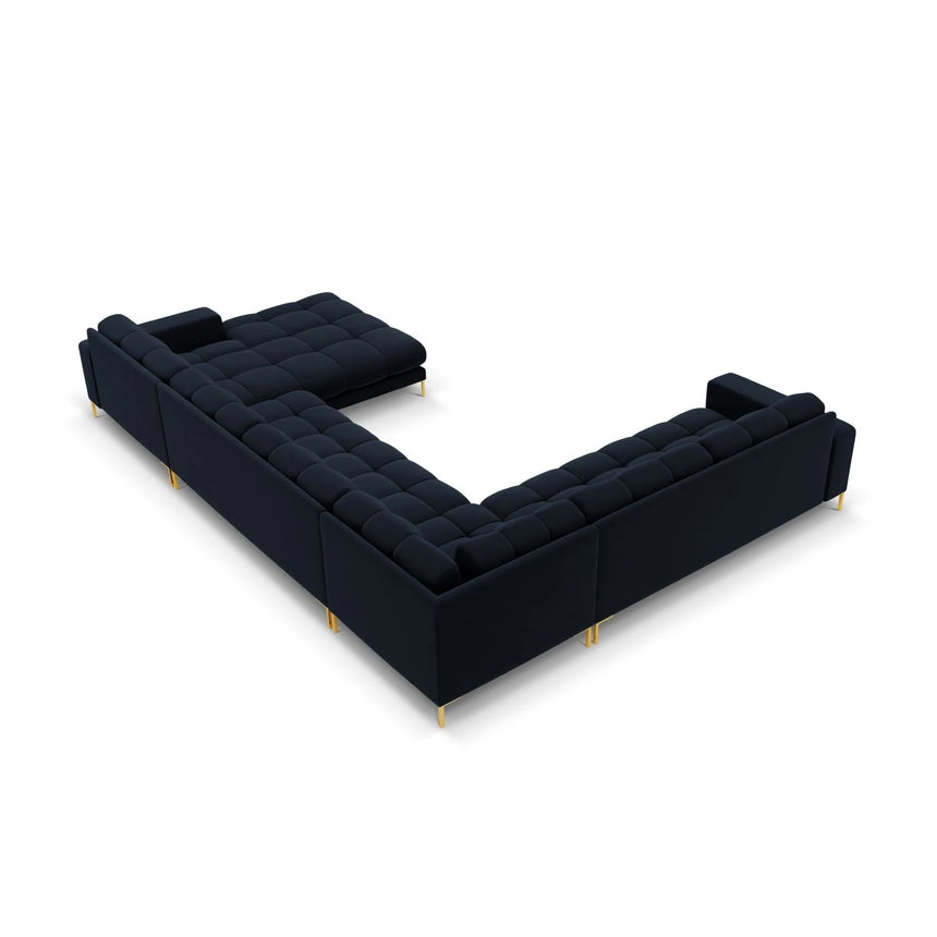 Mamaia 7-Sitzer Panorama-Ecksofa, Linke Seite, Beine Goldmetall, mit Bezug aus Samt (Blu89) in Dunkelblau, 327x256 cm – Bild 5