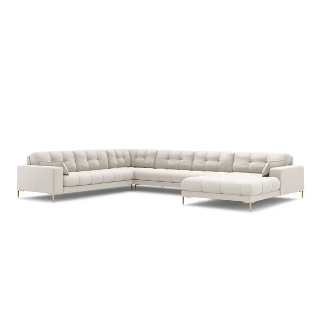 Mamaia 7-Sitzer Panorama-Ecksofa, Linke Seite, Beine Goldmetall, mit Bezug aus Samt oder Strukturstoff, 327x256 cm – Bild 1