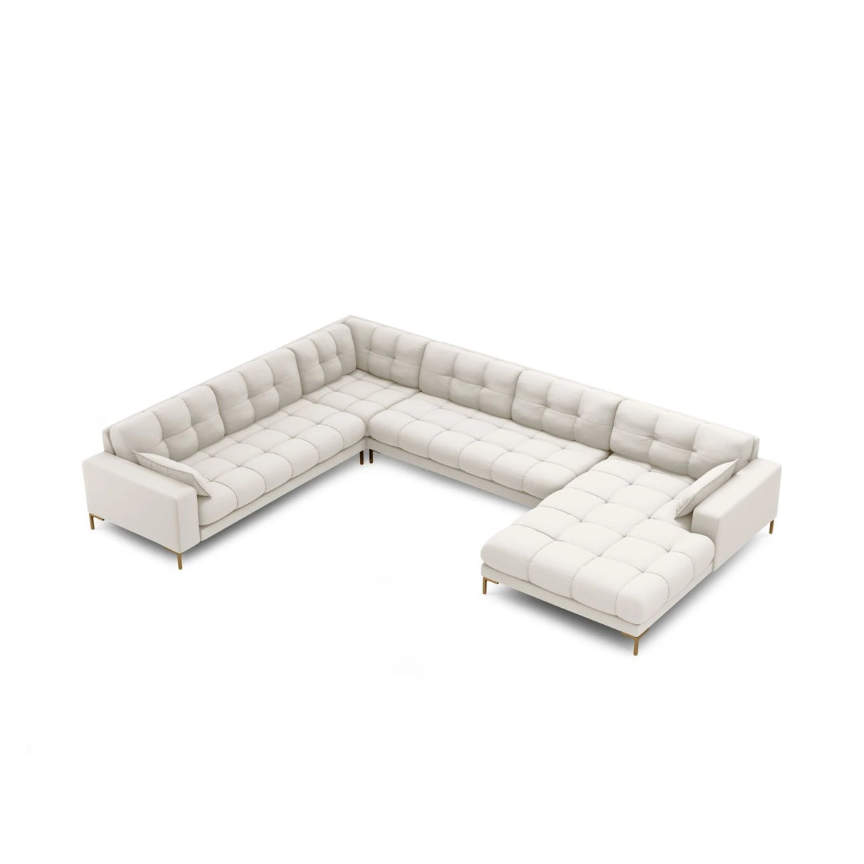 Mamaia 7-Sitzer Panorama-Ecksofa, Linke Seite, Beine Goldmetall, mit Bezug aus Samt oder Strukturstoff, 327x256 cm – Bild 4