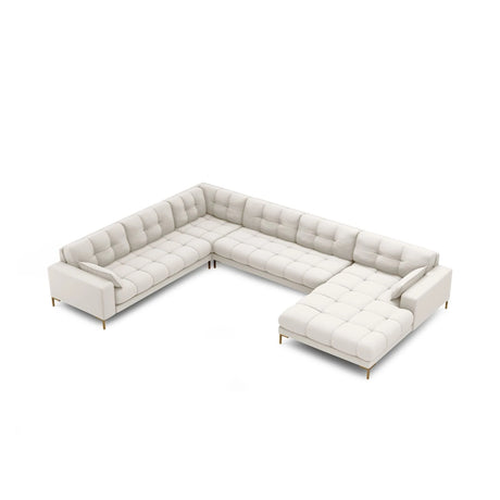 Mamaia 7-Sitzer Panorama-Ecksofa, Linke Seite, Beine Goldmetall, mit Bezug aus Samt oder Strukturstoff, 327x256 cm – Bild 4