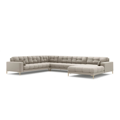 Mamaia 7-Sitzer Panorama-Ecksofa, Linke Seite, Beine Goldmetall, mit Bezug aus Strukturierter Stoff (Nev04) in Beige, 327x256 cm – Bild 1