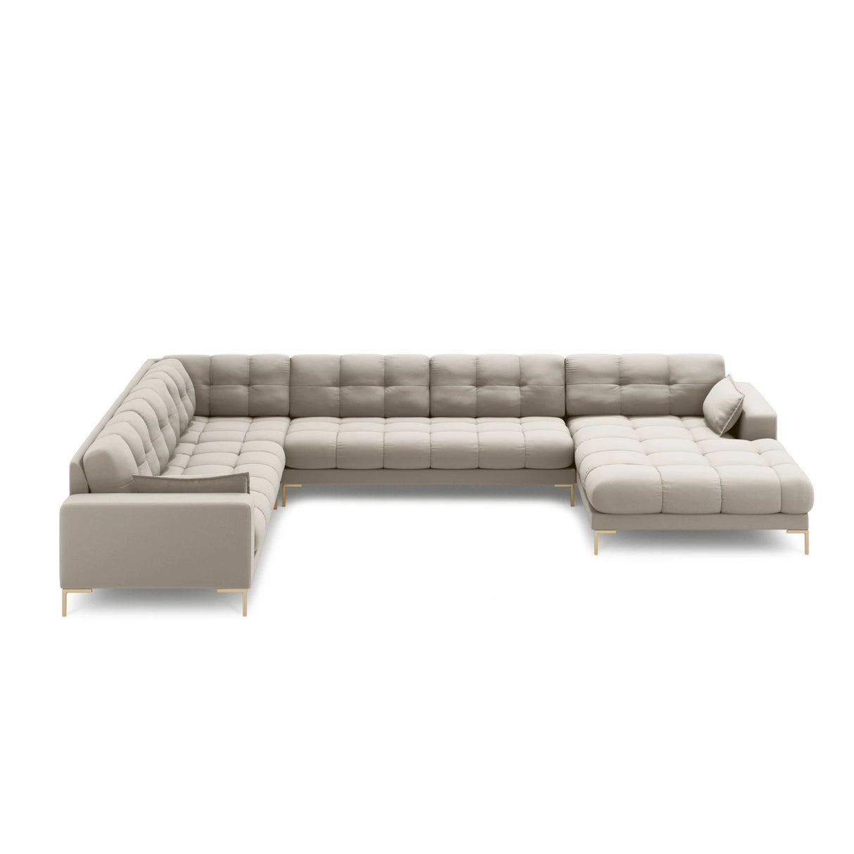 Mamaia 7-Sitzer Panorama-Ecksofa, Linke Seite, Beine Goldmetall, mit Bezug aus Strukturierter Stoff (Nev04) in Beige, 327x256 cm – Bild 3