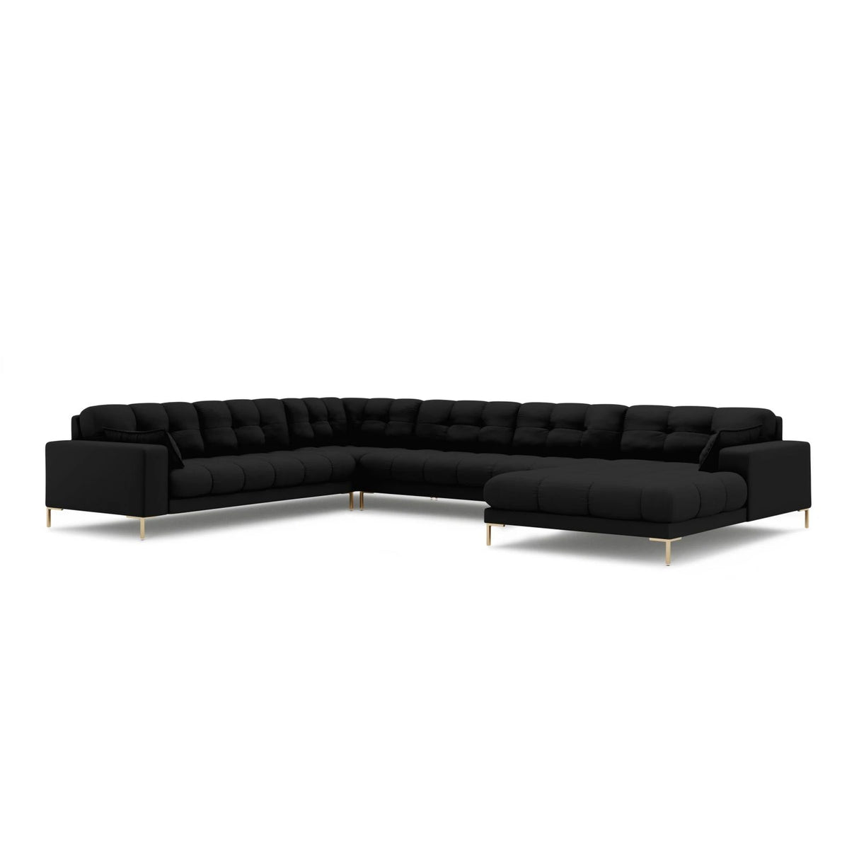 Mamaia 7-Sitzer Panorama-Ecksofa, Linke Seite, Beine Goldmetall, mit Bezug aus Strukturierter Stoff (Nev100) in Schwarz, 327x256 cm – Bild 1
