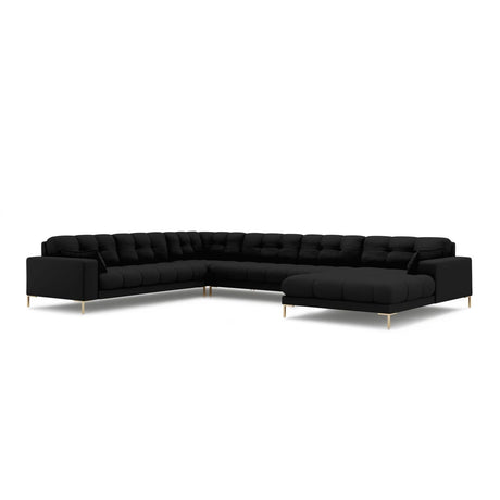Mamaia 7-Sitzer Panorama-Ecksofa, Linke Seite, Beine Goldmetall, mit Bezug aus Strukturierter Stoff (Nev100) in Schwarz, 327x256 cm – Bild 1