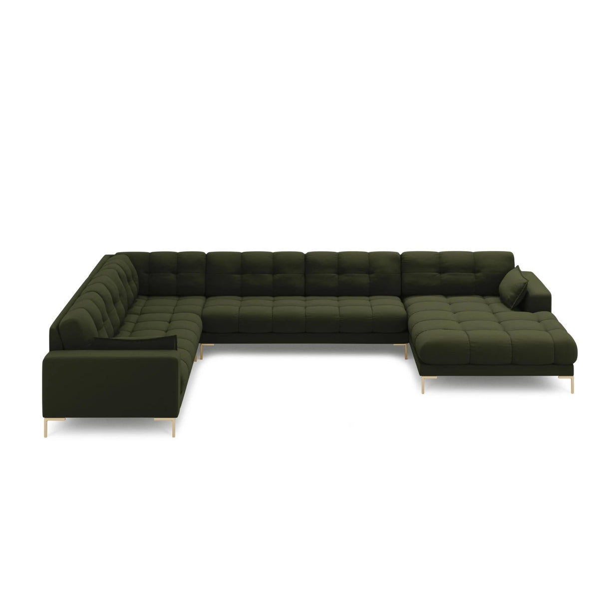 Mamaia 7-Sitzer Panorama-Ecksofa, Linke Seite, Beine Goldmetall, mit Bezug aus Strukturierter Stoff (Nev39) in Grün, 327x256 cm – Bild 3