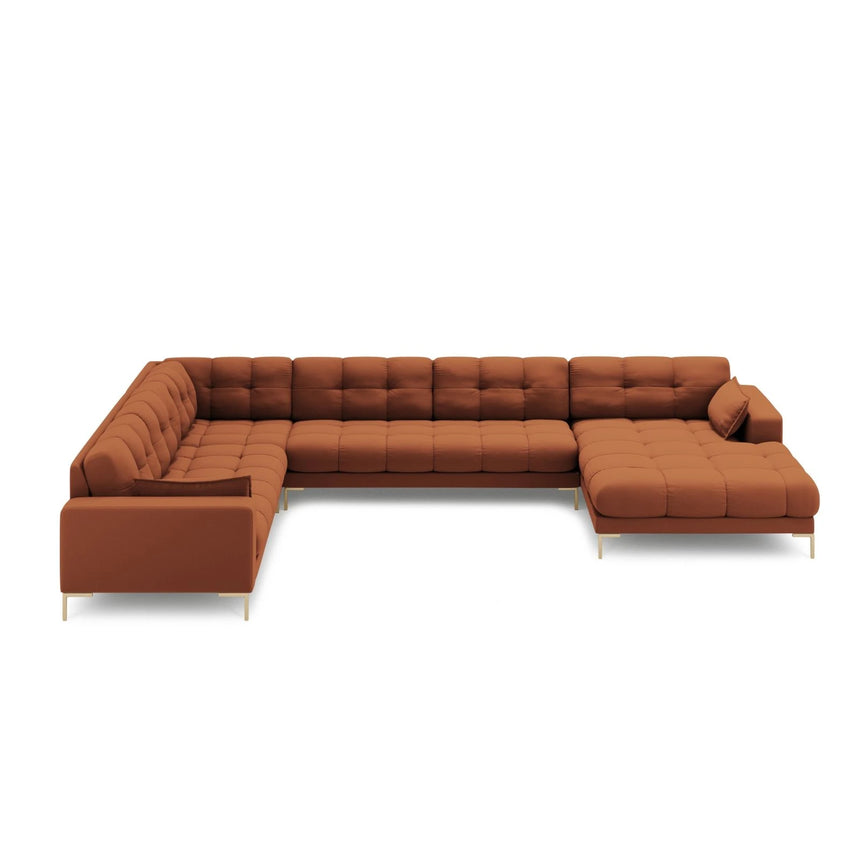 Mamaia 7-Sitzer Panorama-Ecksofa, Linke Seite, Beine Goldmetall, mit Bezug aus Strukturierter Stoff (Nev52) in Ziegel, 327x256 cm – Bild 3