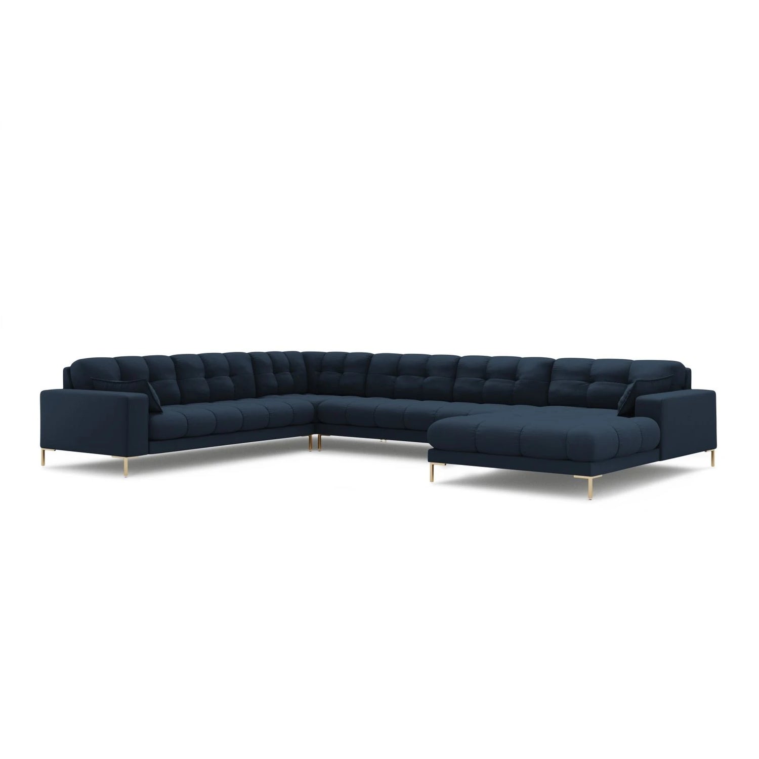 Mamaia 7-Sitzer Panorama-Ecksofa, Linke Seite, Beine Goldmetall, mit Bezug aus Strukturierter Stoff (Nev77) in Blau, 327x256 cm – Bild 1