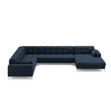 Mamaia 7-Sitzer Panorama-Ecksofa, Linke Seite, Beine Goldmetall, mit Bezug aus Strukturierter Stoff (Nev77) in Blau, 327x256 cm – Bild 3