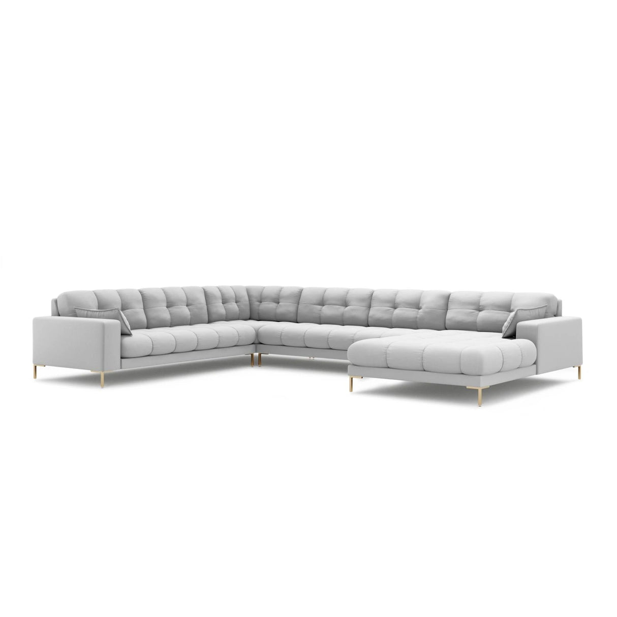 Mamaia 7-Sitzer Panorama-Ecksofa, Linke Seite, Beine Goldmetall, mit Bezug aus Strukturierter Stoff (Nev80) in Hellgrau, 327x256 cm – Bild 1