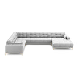 Mamaia 7-Sitzer Panorama-Ecksofa, Linke Seite, Beine Goldmetall, mit Bezug aus Strukturierter Stoff (Nev80) in Hellgrau, 327x256 cm – Bild 3