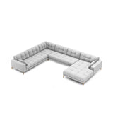 Mamaia 7-Sitzer Panorama-Ecksofa, Linke Seite, Beine Goldmetall, mit Bezug aus Strukturierter Stoff (Nev80) in Hellgrau, 327x256 cm – Bild 4