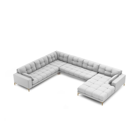 Mamaia 7-Sitzer Panorama-Ecksofa, Linke Seite, Beine Goldmetall, mit Bezug aus Strukturierter Stoff (Nev80) in Hellgrau, 327x256 cm – Bild 4