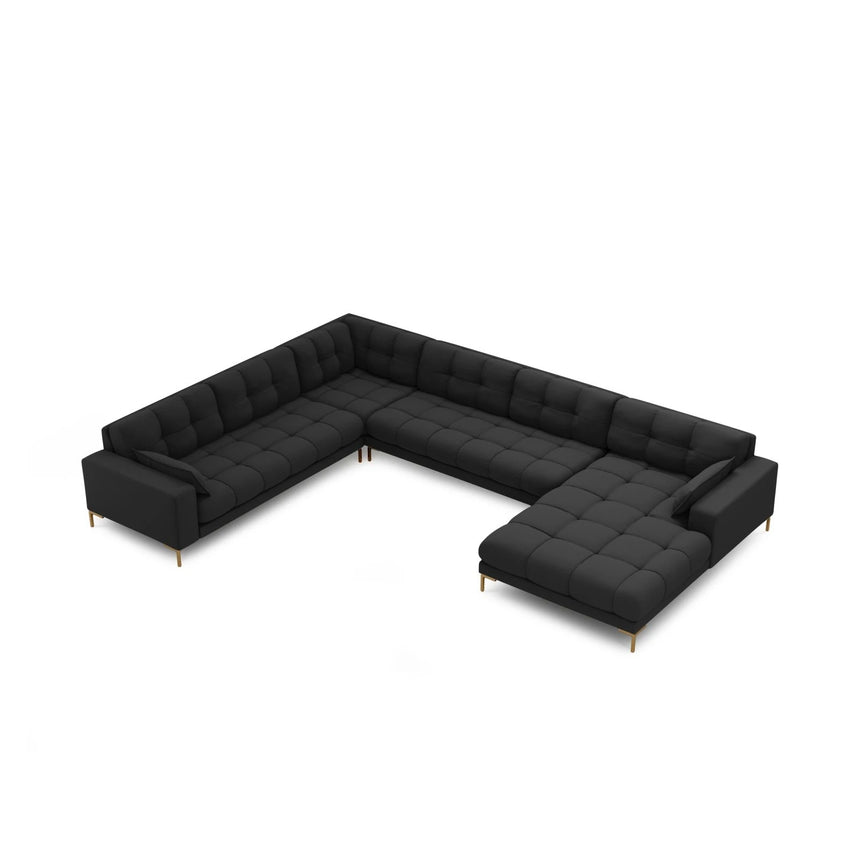 Mamaia 7-Sitzer Panorama-Ecksofa, Linke Seite, Beine Goldmetall, mit Bezug aus Strukturierter Stoff (Nev97) in Dunkelgrau, 327x256 cm – Bild 4
