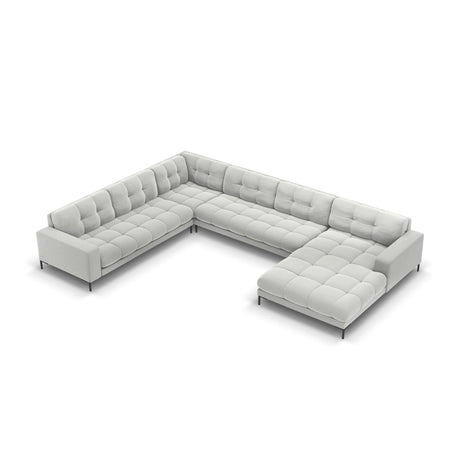 Mamaia 7-Sitzer Panorama-Ecksofa, Linke Seite, Metallbeine Schwarz, mit Bezug aus Samt (Blu03) in Silber, 327x256 cm – Bild 1