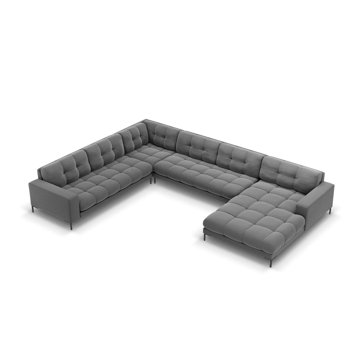 Mamaia 7-Sitzer Panorama-Ecksofa, Linke Seite, Metallbeine Schwarz, mit Bezug aus Samt (Blu13) in Hellgrau, 327x256 cm – Bild 1