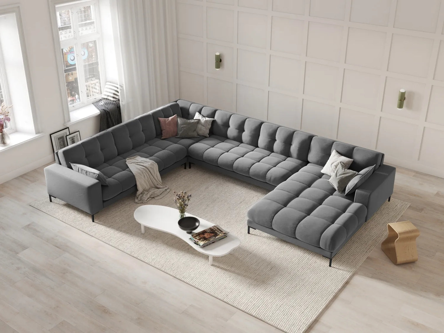 Mamaia 7-Sitzer Panorama-Ecksofa, Linke Seite, Metallbeine Schwarz, mit Bezug aus Samt (Blu13) in Hellgrau, 327x256 cm – Bild 2