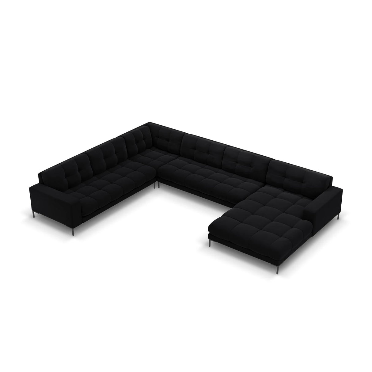 Mamaia 7-Sitzer Panorama-Ecksofa, Linke Seite, Metallbeine Schwarz, mit Bezug aus Samt (Blu19) in Schwarz, 327x256 cm – Bild 1