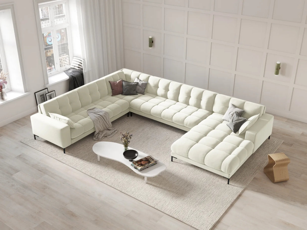 Mamaia 7-Sitzer Panorama-Ecksofa, Linke Seite, Metallbeine Schwarz, mit Bezug aus Samt (Blu22) in Leichtes Beige, 327x256 cm – Bild 2