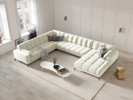 Mamaia 7-Sitzer Panorama-Ecksofa, Linke Seite, Metallbeine Schwarz, mit Bezug aus Samt (Blu22) in Leichtes Beige, 327x256 cm – Bild 2