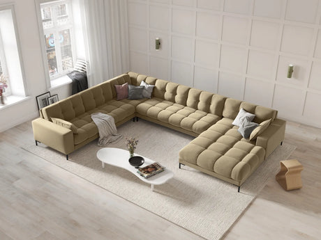 Mamaia 7-Sitzer Panorama-Ecksofa, Linke Seite, Metallbeine Schwarz, mit Bezug aus Samt (Blu28) in Beige, 327x256 cm – Bild 2