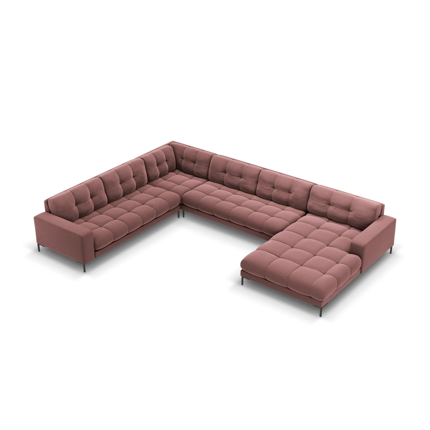 Mamaia 7-Sitzer Panorama-Ecksofa, Linke Seite, Metallbeine Schwarz, mit Bezug aus Samt (Blu52) in Rosa, 327x256 cm – Bild 1