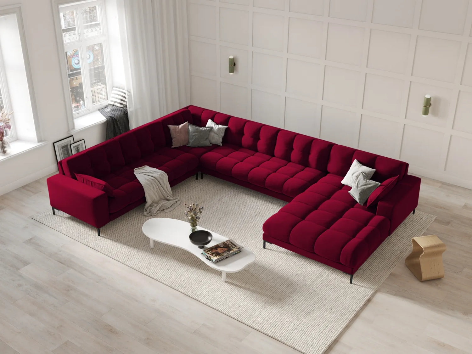 Mamaia 7-Sitzer Panorama-Ecksofa, Linke Seite, Metallbeine Schwarz, mit Bezug aus Samt (Blu59) in Rot, 327x256 cm – Bild 2