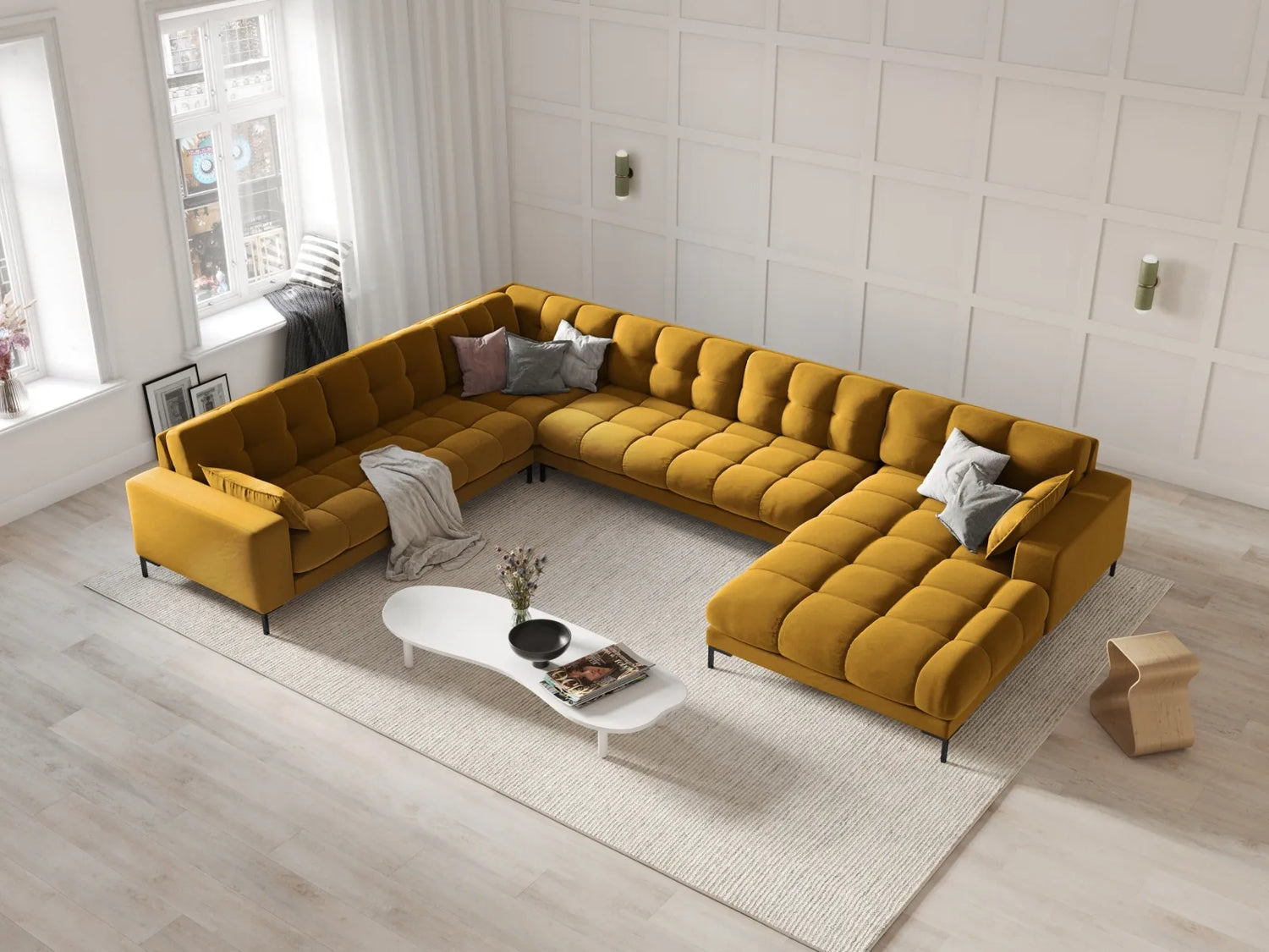 Mamaia 7-Sitzer Panorama-Ecksofa, Linke Seite, Metallbeine Schwarz, mit Bezug aus Samt (Blu68) in Gelb, 327x256 cm – Bild 2