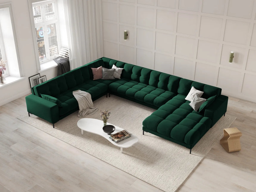 Mamaia 7-Sitzer Panorama-Ecksofa, Linke Seite, Metallbeine Schwarz, mit Bezug aus Samt (Blu78) in Flaschengrün, 327x256 cm – Bild 2