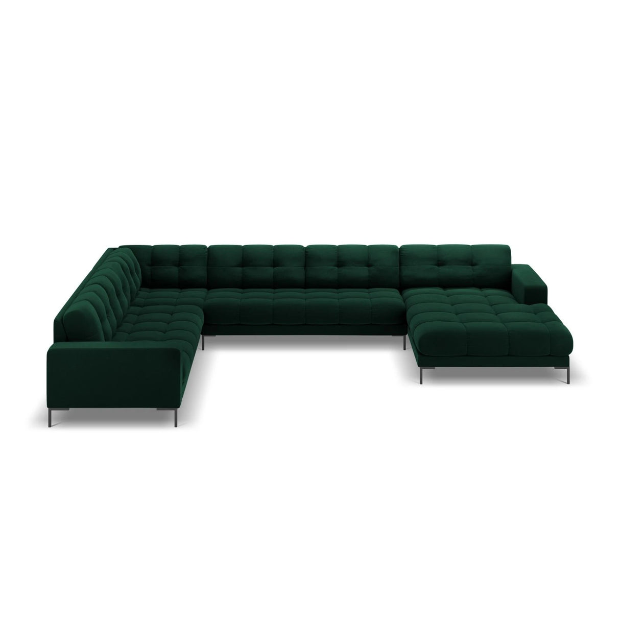 Mamaia 7-Sitzer Panorama-Ecksofa, Linke Seite, Metallbeine Schwarz, mit Bezug aus Samt (Blu78) in Flaschengrün, 327x256 cm – Bild 4
