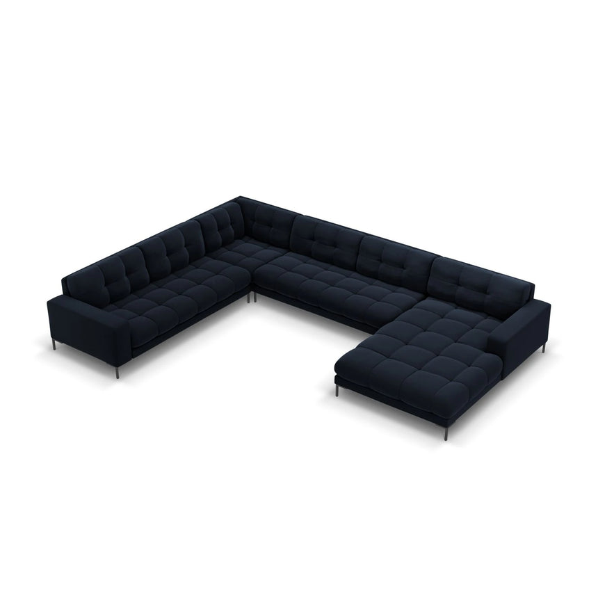 Mamaia 7-Sitzer Panorama-Ecksofa, Linke Seite, Metallbeine Schwarz, mit Bezug aus Samt (Blu89) in Dunkelblau, 327x256 cm – Bild 1