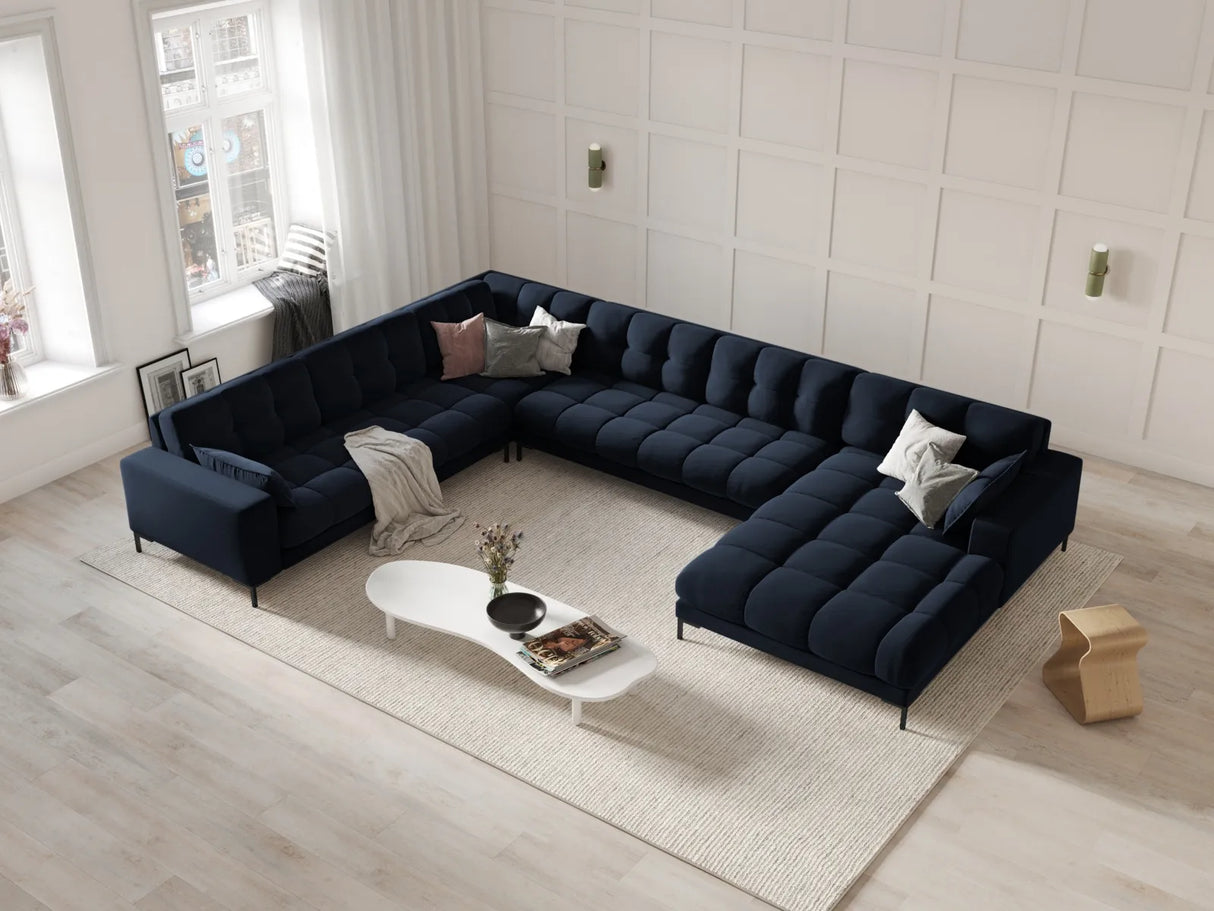 Mamaia 7-Sitzer Panorama-Ecksofa, Linke Seite, Metallbeine Schwarz, mit Bezug aus Samt (Blu89) in Dunkelblau, 327x256 cm – Bild 2