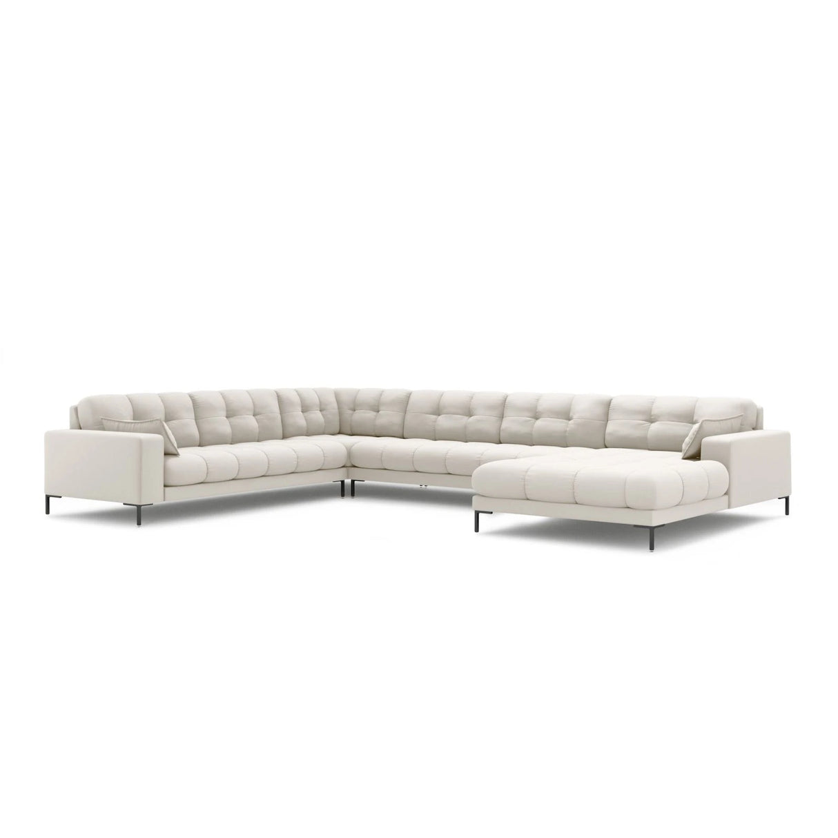 Mamaia 7-Sitzer Panorama-Ecksofa, Linke Seite, Metallbeine Schwarz, mit Bezug aus Samt oder Strukturstoff, 327x256 cm – Bild 1