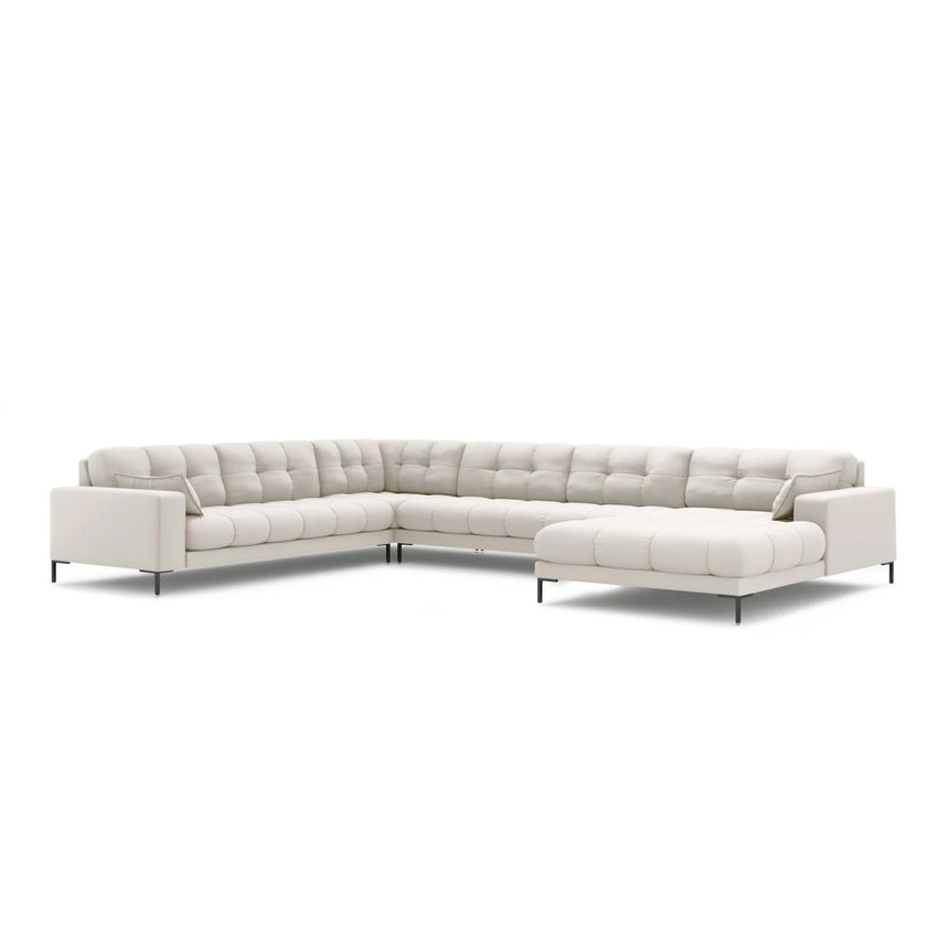 Mamaia 7-Sitzer Panorama-Ecksofa, Linke Seite, Metallbeine Schwarz, mit Bezug aus Samt oder Strukturstoff, 327x256 cm – Bild 1