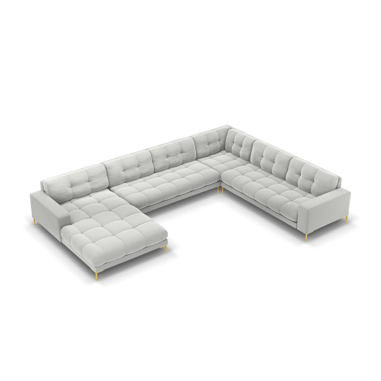 Mamaia 7-Sitzer Panorama-Ecksofa, Rechte Seite, Beine Goldmetall, mit Bezug aus Samt (Blu03) in Silber, 327x256 cm – Bild 1