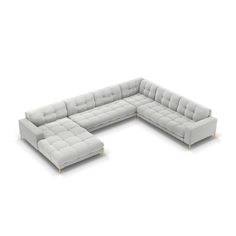 Mamaia 7-Sitzer Panorama-Ecksofa, Rechte Seite, Beine Goldmetall, mit Bezug aus Samt (Blu03) in Silber, 327x256 cm – Bild 1