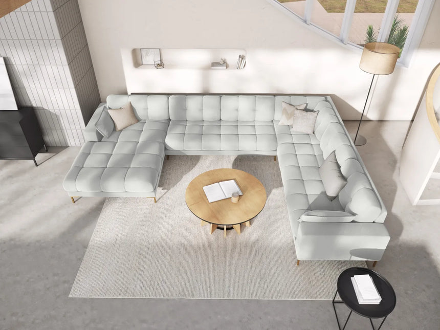 Mamaia 7-Sitzer Panorama-Ecksofa, Rechte Seite, Beine Goldmetall, mit Bezug aus Samt (Blu03) in Silber, 327x256 cm – Bild 2