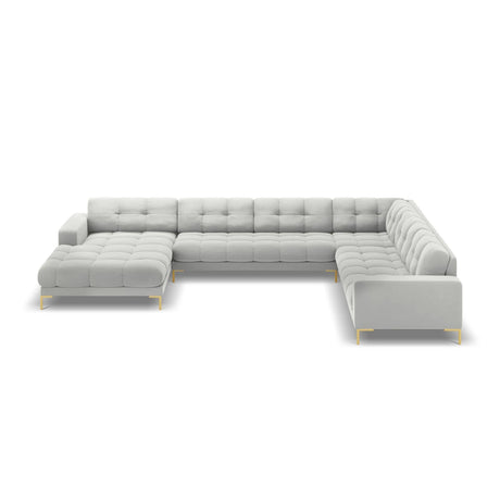 Mamaia 7-Sitzer Panorama-Ecksofa, Rechte Seite, Beine Goldmetall, mit Bezug aus Samt (Blu03) in Silber, 327x256 cm – Bild 4