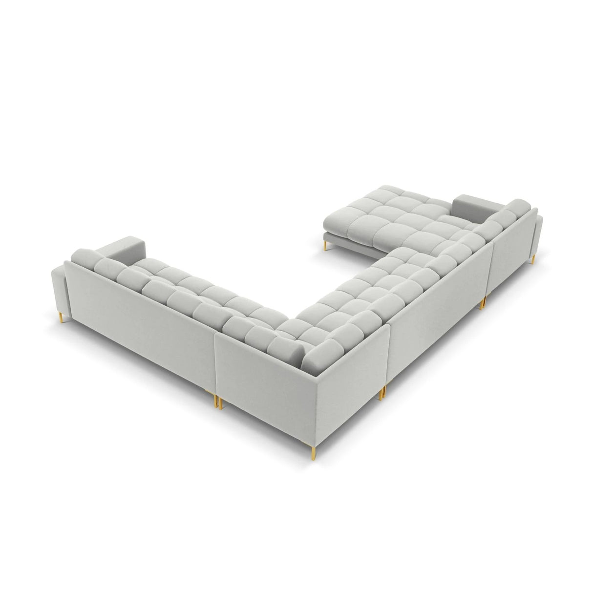 Mamaia 7-Sitzer Panorama-Ecksofa, Rechte Seite, Beine Goldmetall, mit Bezug aus Samt (Blu03) in Silber, 327x256 cm – Bild 5