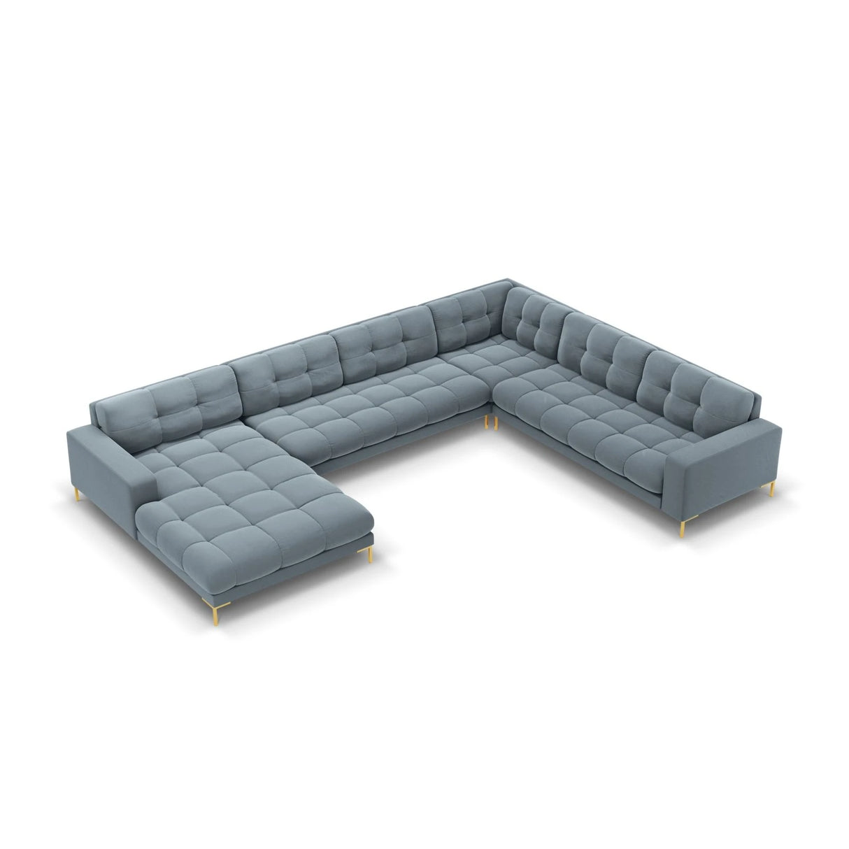 Mamaia 7-Sitzer Panorama-Ecksofa, Rechte Seite, Beine Goldmetall, mit Bezug aus Samt (Blu06) in Hellblau, 327x256 cm – Bild 1