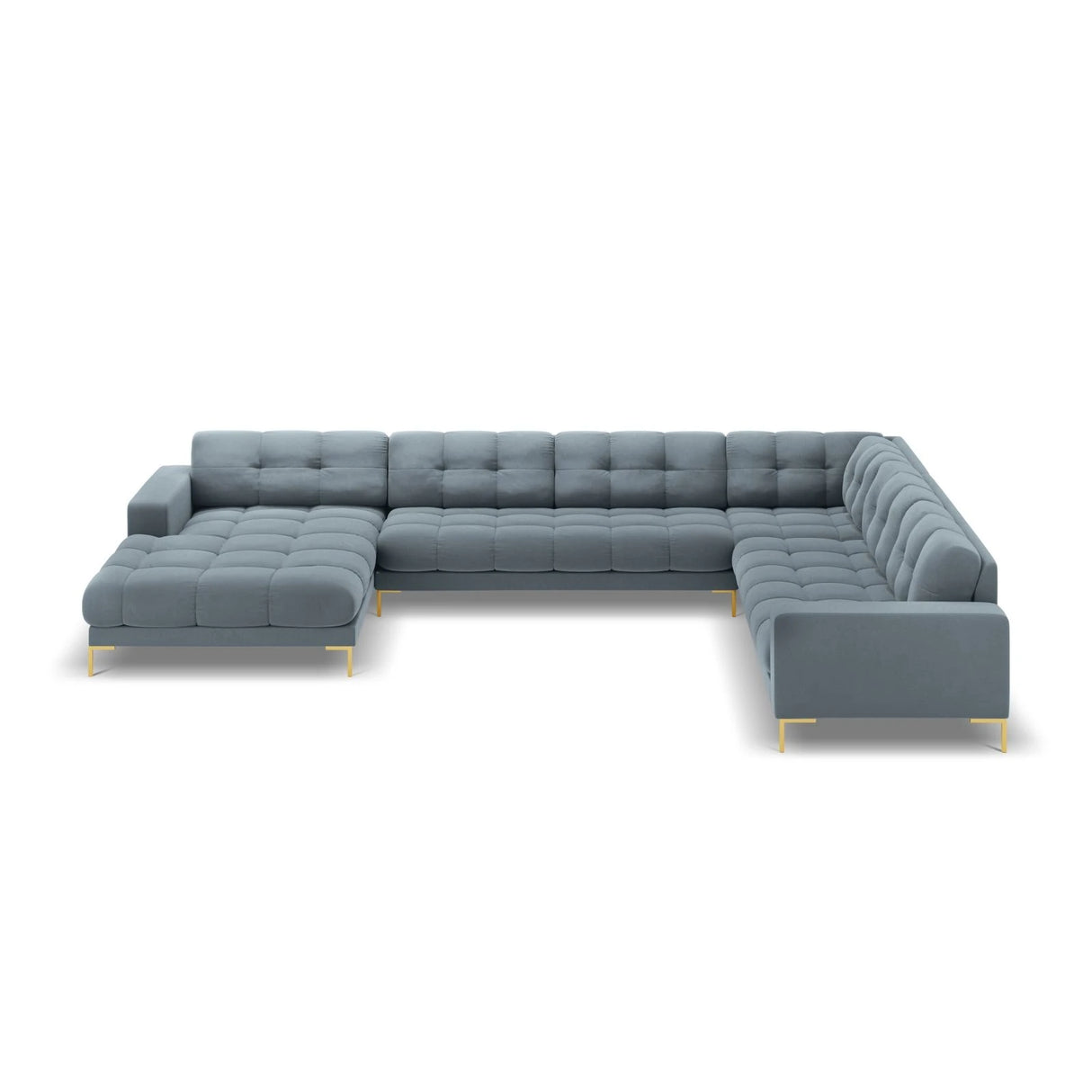 Mamaia 7-Sitzer Panorama-Ecksofa, Rechte Seite, Beine Goldmetall, mit Bezug aus Samt (Blu06) in Hellblau, 327x256 cm – Bild 4