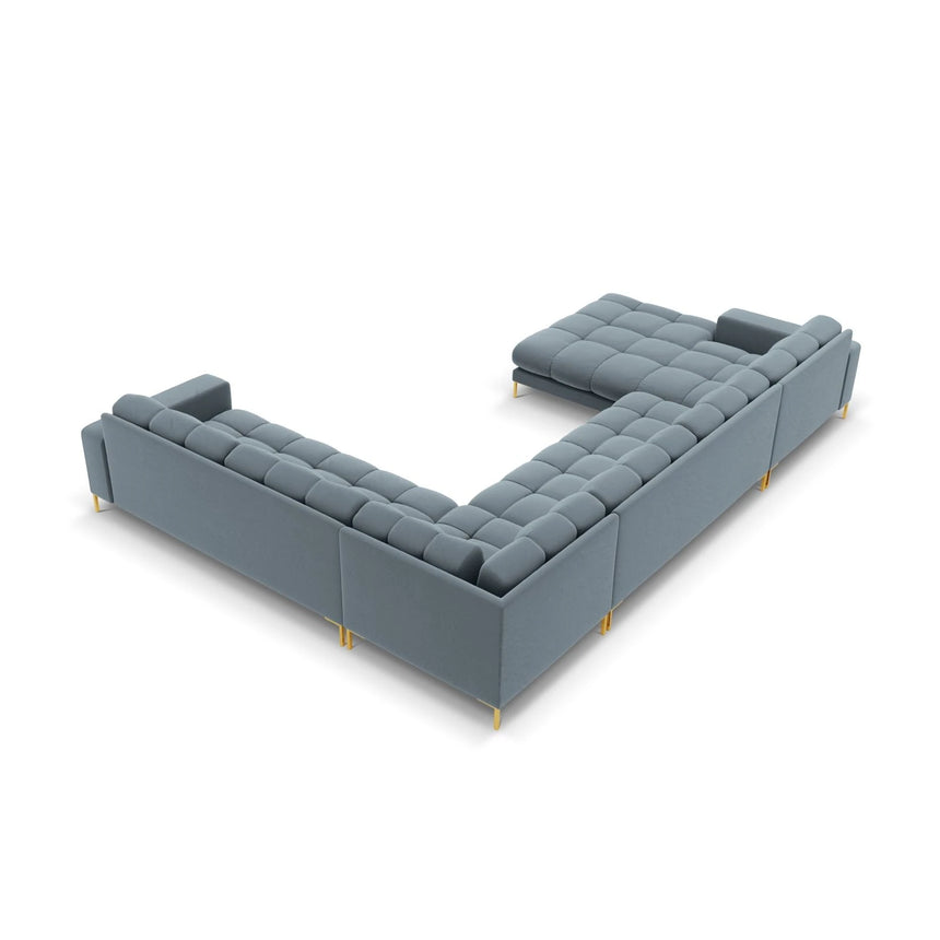 Mamaia 7-Sitzer Panorama-Ecksofa, Rechte Seite, Beine Goldmetall, mit Bezug aus Samt (Blu06) in Hellblau, 327x256 cm – Bild 5