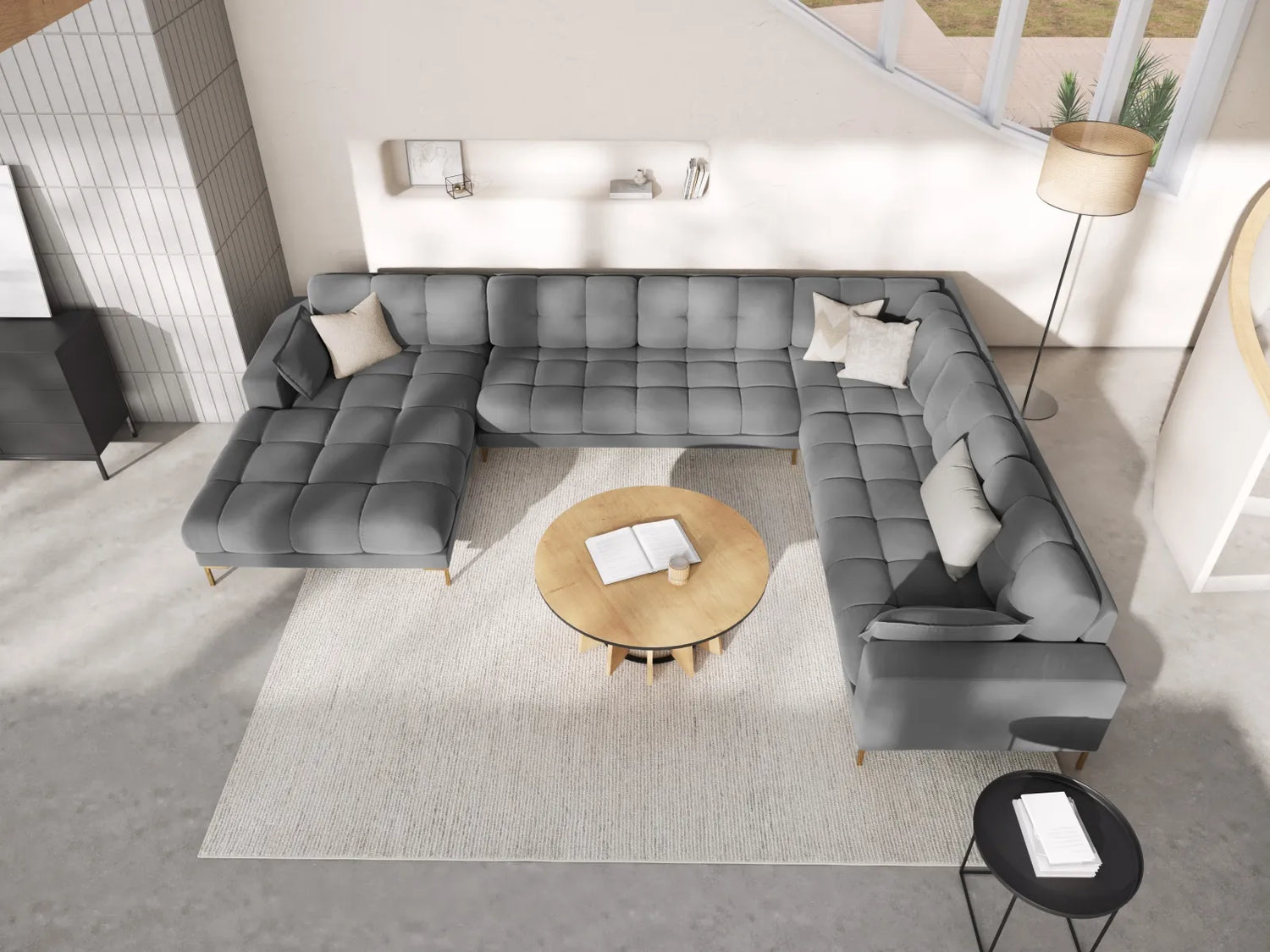 Mamaia 7-Sitzer Panorama-Ecksofa, Rechte Seite, Beine Goldmetall, mit Bezug aus Samt (Blu13) in Hellgrau, 327x256 cm – Bild 2