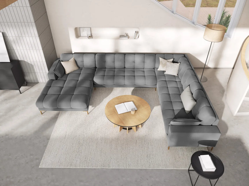 Mamaia 7-Sitzer Panorama-Ecksofa, Rechte Seite, Beine Goldmetall, mit Bezug aus Samt (Blu13) in Hellgrau, 327x256 cm – Bild 2
